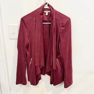 Dana Buchman Faux Suede Draped Open Front Jacket Burgundy Size M